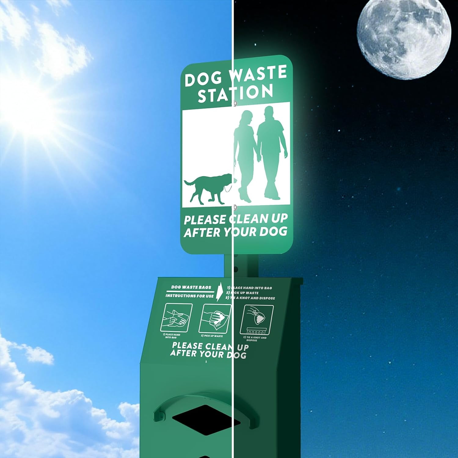POCHAR Aluminum Rustproof Dog Waste Disposal Station for Pet Parks - 10 Gallon Outdoor Pet Poop Disposal Bin with Reflective Sign & Lid - Included 600 Pet Waste Bags (Green)