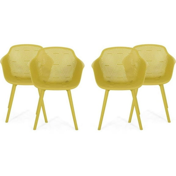 Noble House Lotus Plastic Patio Dining Arm Chair in Yellow (Set of 4)