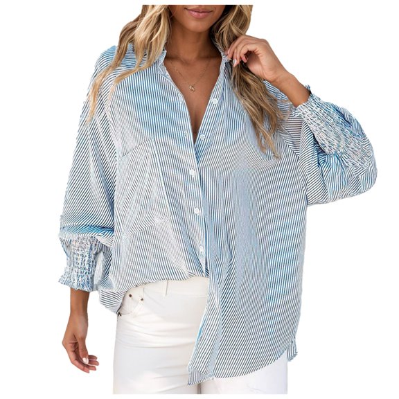 vigerkar Women's Striped Button Down Shirts Long Sleeve Smocked Oversized Boyfriend Blouses Collared Business Work Tops Light Blue, XXL