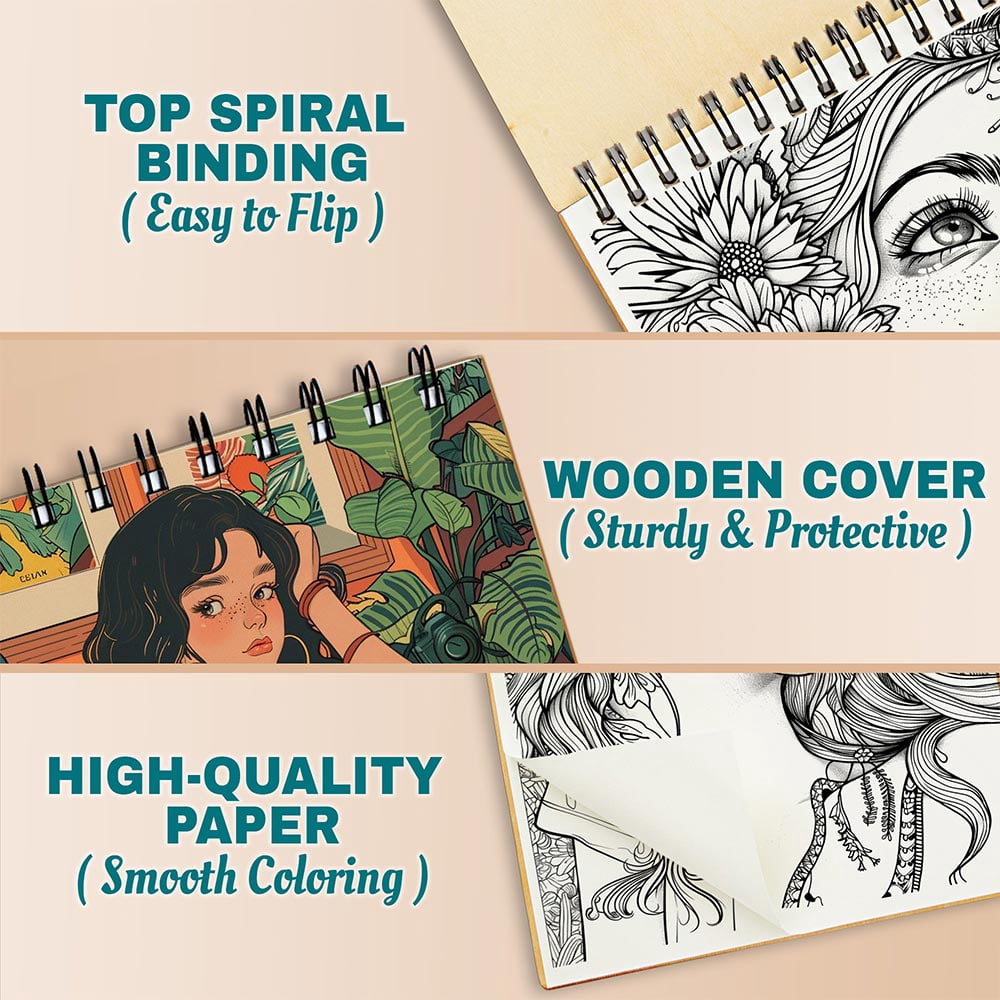 Netecom Modern Girl Coloring Book for Women, A5 Wooden Cover, 30 Portrait Coloring Pages of Contemporary Girls for Stress Relief and Relaxation, Spiral Bound Edition