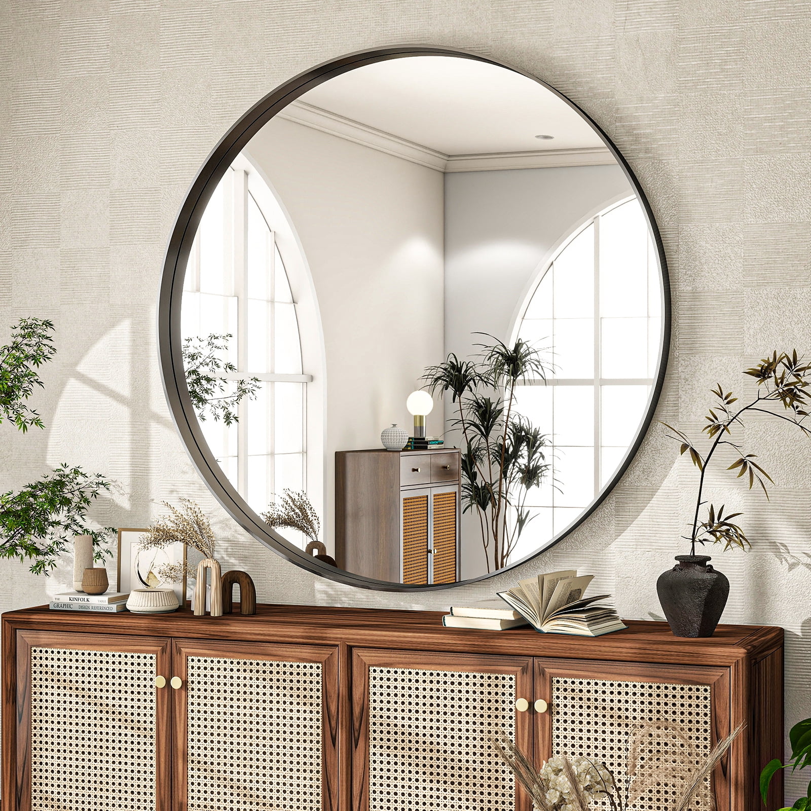 MISTORY 24"x24" Round Bathroom Mirror Wall Vanity Mirror with Deep Frame, Black