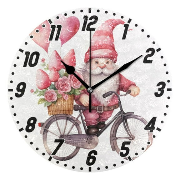 Gnome with Bike Heart Rose Wall Clock 9.8 inch Battery Operated Clocks Non-Ticking Silent for Bedroom Office Kitchen Living Room