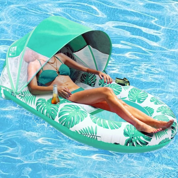 Pool Lounge Float with Canopy UPF50 ,Extra Large Pool Floats for Adults Heavy Duty,Inflatable Lounger Float with Cup Holder & Backrest,Footrest, Green