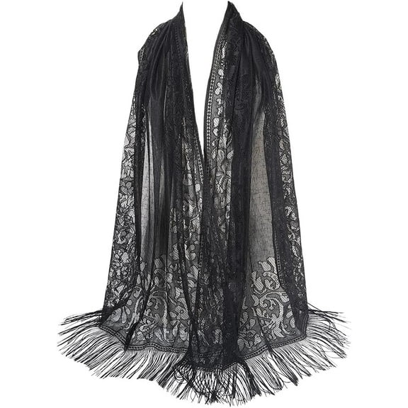 Black Floral Lace Shawl Wrap Gauze Lace Shawls and Wraps with Tassel Fringe Flower Pattern Hollow Breathable Solid Mesh Soft Summer Scarf for Women Formal Wedding Party Dress Accessories