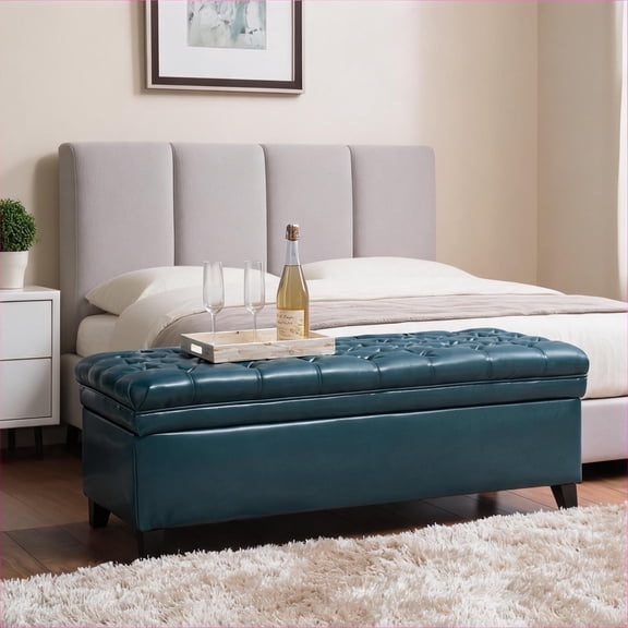2-Seater 50-Inch Teal Faux Leather Storage Ottoman with Block Base Spacious Seating Hidden Storage
