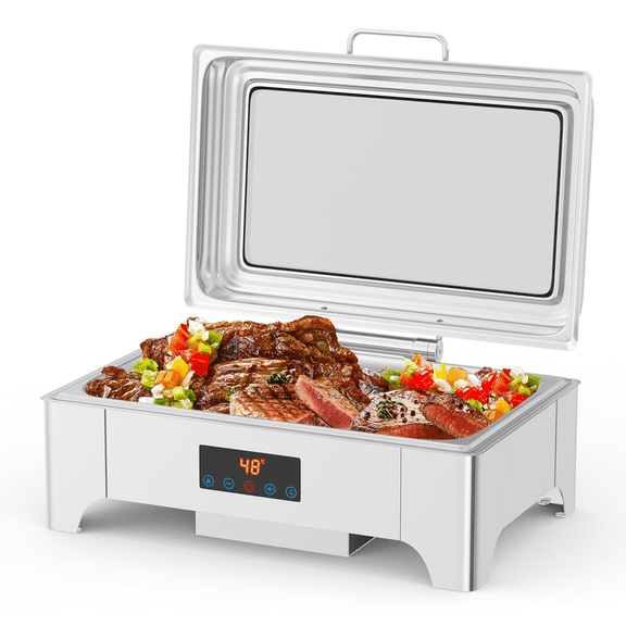 Electric Chafing Dish, 9 QT Full Size Touch Screen Chafing Dishes for Buffet Roll Top Set Food Servers and Warmer with Glass Lid for Catering,Silver