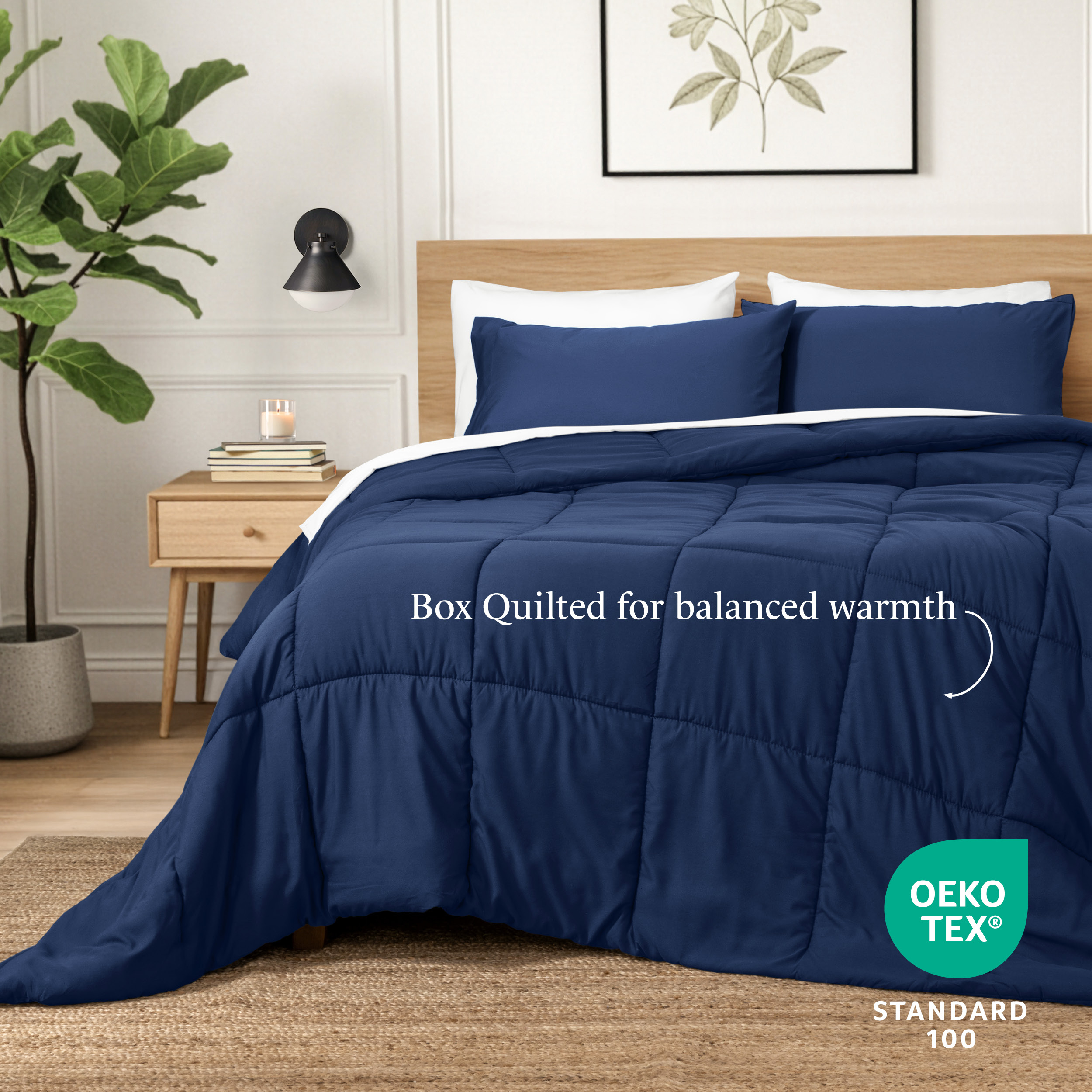 Ivy Union Comforter Set - Box Stitch - Easy Care Ultra-Soft Microfiber - All Season Warmth - Bedding Comforter - King/Cal King, Dark Blue