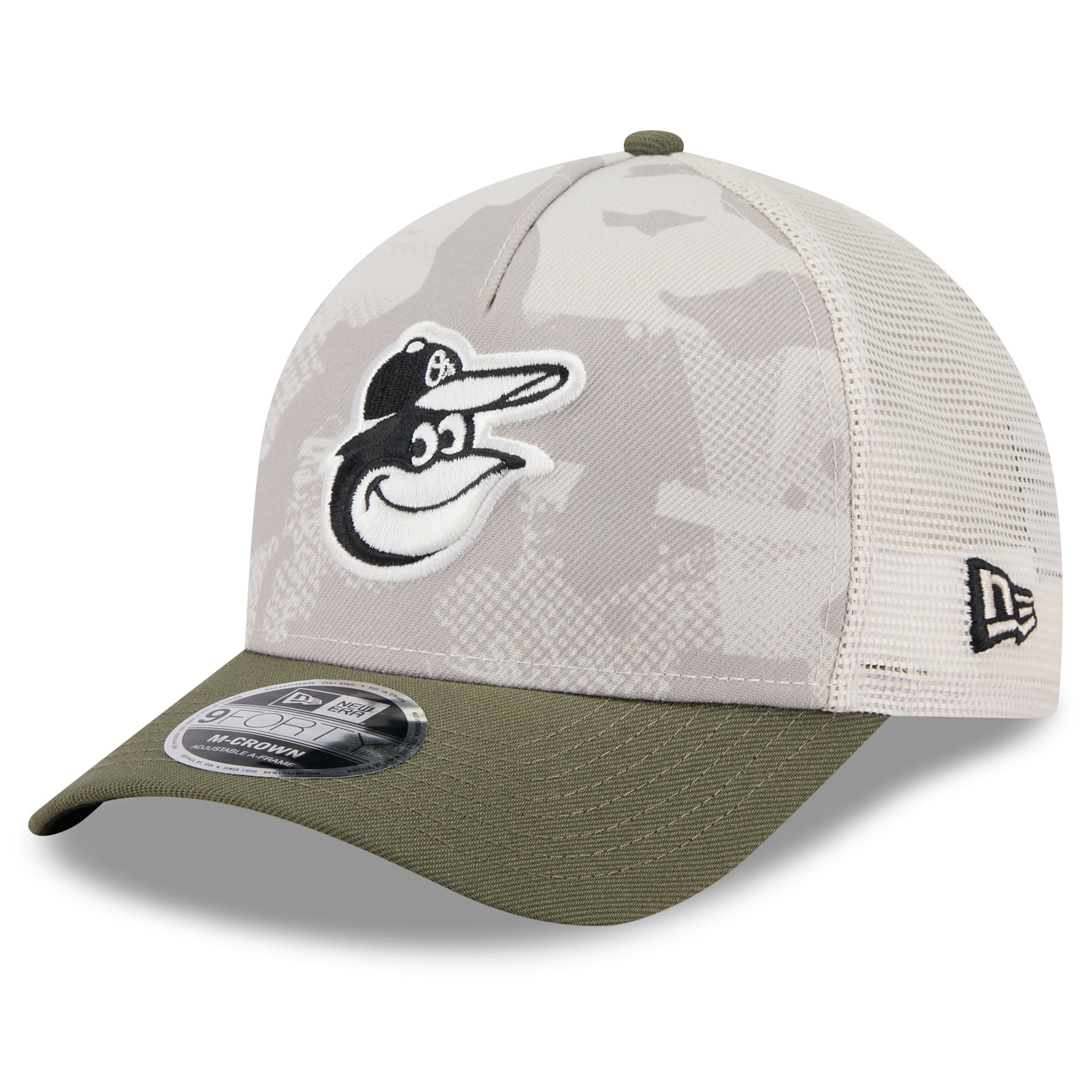 Men's New Era Light Beige/Olive Baltimore Orioles 2025 Armed Forces Day 9FORTY M-Crown A-Frame Adjustable Hat