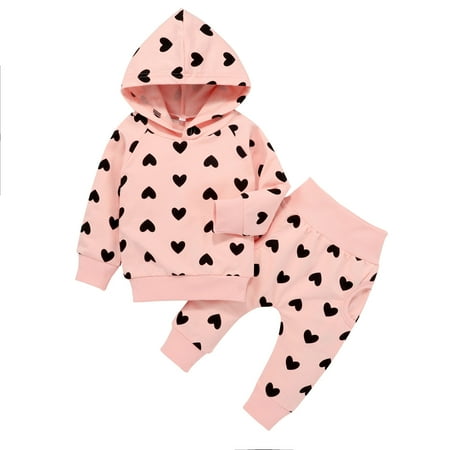 

QWERTYU Newborn Infant Baby Toddler Girl Boy 2PCS Clothing Set Heart Print Long Sleeve Pullover Hoodie Top and Pants Set Outfit Pink
