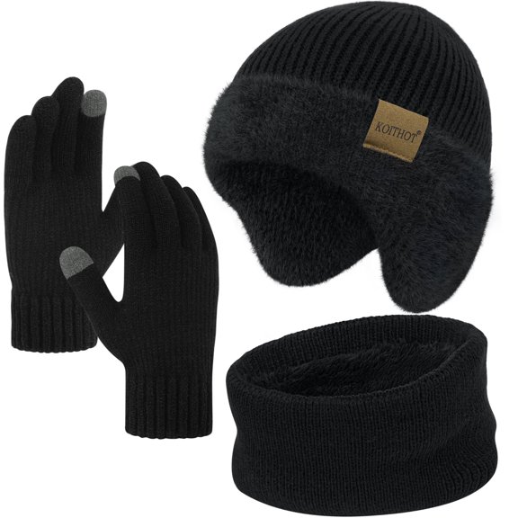 KOITHOT 3 Pcs Winter Beanie Hat with Ear Flaps Knitted Neck Warmer Touchscreen Gloves Set for Men Black