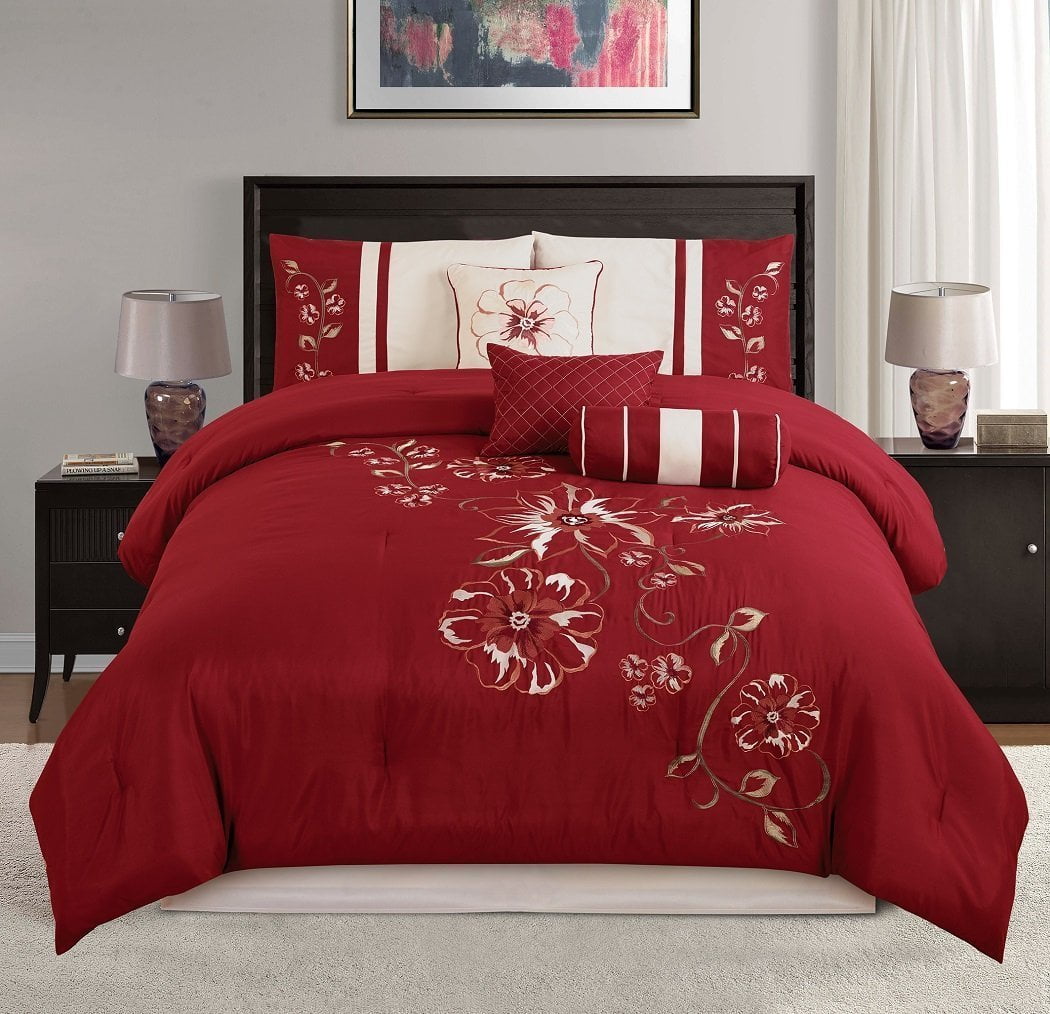 Beautiful Coral Floral Embroidered Faux Silk Comforter King Queen 7 pcs Set New 
