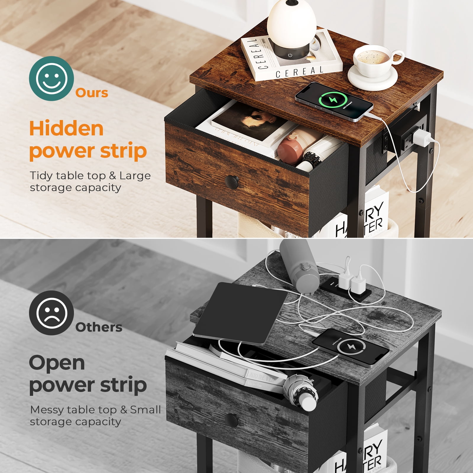 Yoobure Nightstand with Charging Station, Side Table with Large Drawer and Storage Shelf, Rustic Bedside Tables with USB Ports & Outlets for Bedroom,Living Room