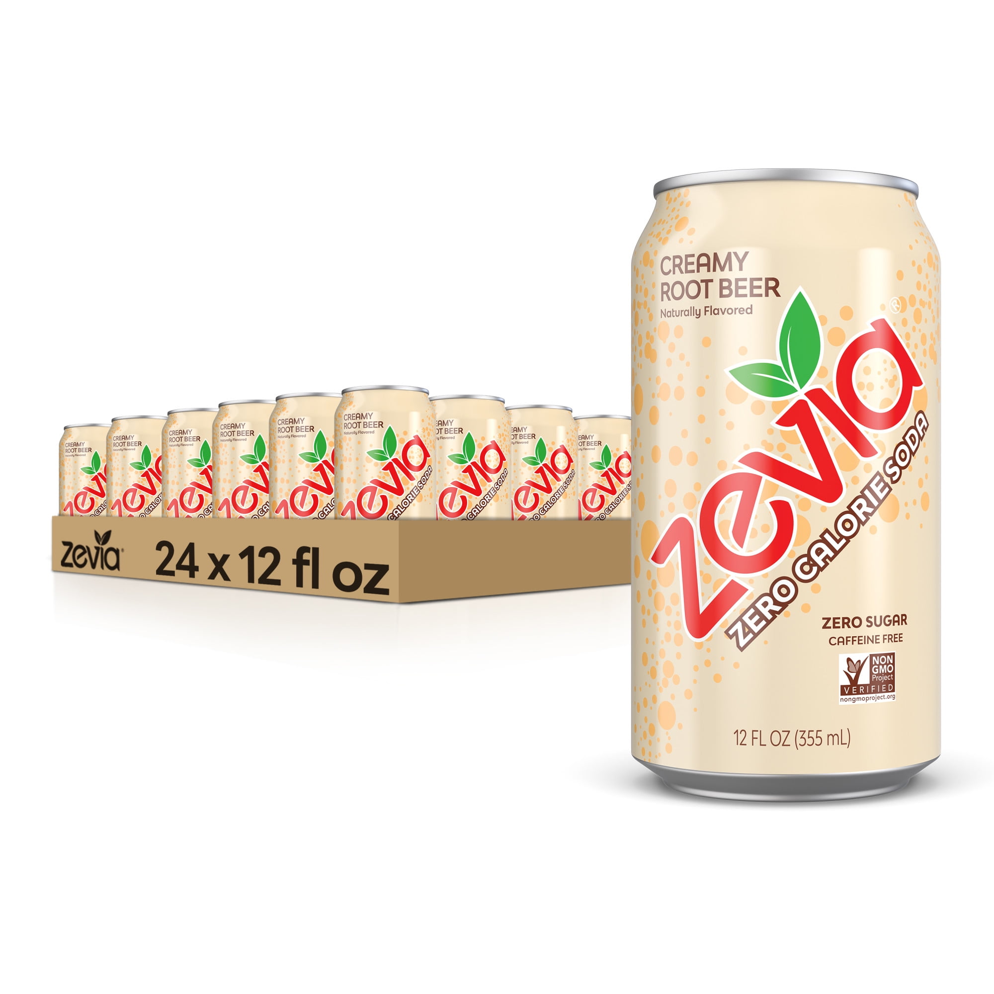 Zevia Zero Sugar Creamy Root Beer Soda Pop, 12 fl oz, 24 Pack of Cans