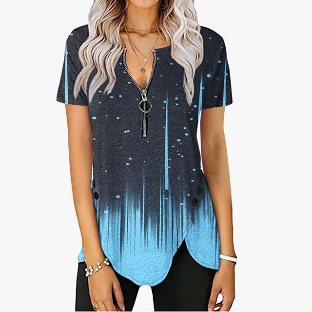 ICHUANYI Clearance Fashion Womens Casual Printed Zipper V Neck Short Sleeve Buttons Tops Irregular Hem Blouses(Navy, XL) ICHUANYI WER2023081106608