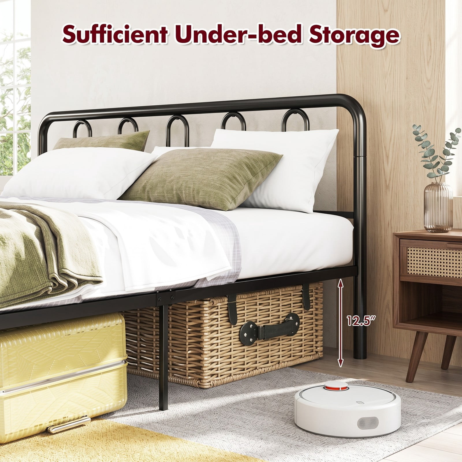 Furnibear King Size Bed Frame with Storage, Metal Platform Bed with Arched Headboard and Footboard, No Box Spring Needed, Black