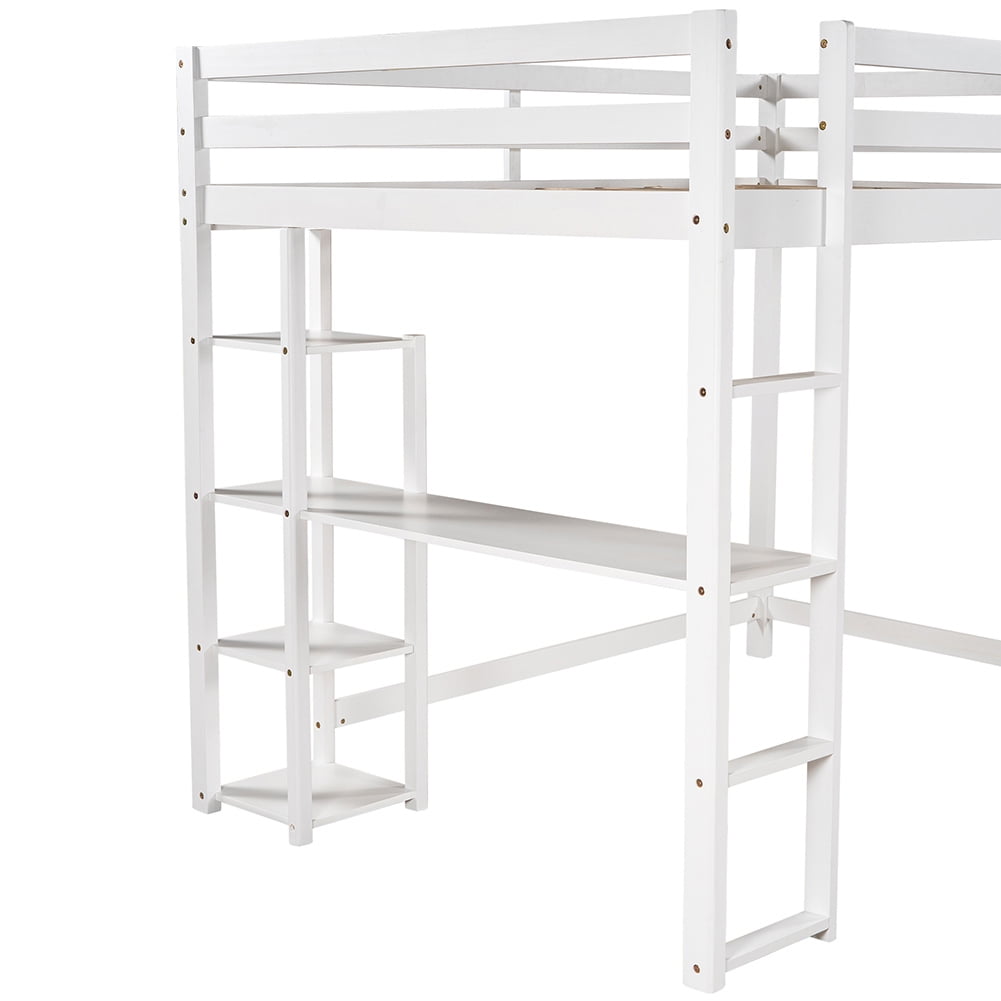 Kadyn Full Size Loft Bed with Built-in Desk and Shelves, No Box Spring Needed, White Kadyn Full Size Loft Bed with Built-in Desk and Shelves, No Box Spring Needed, White