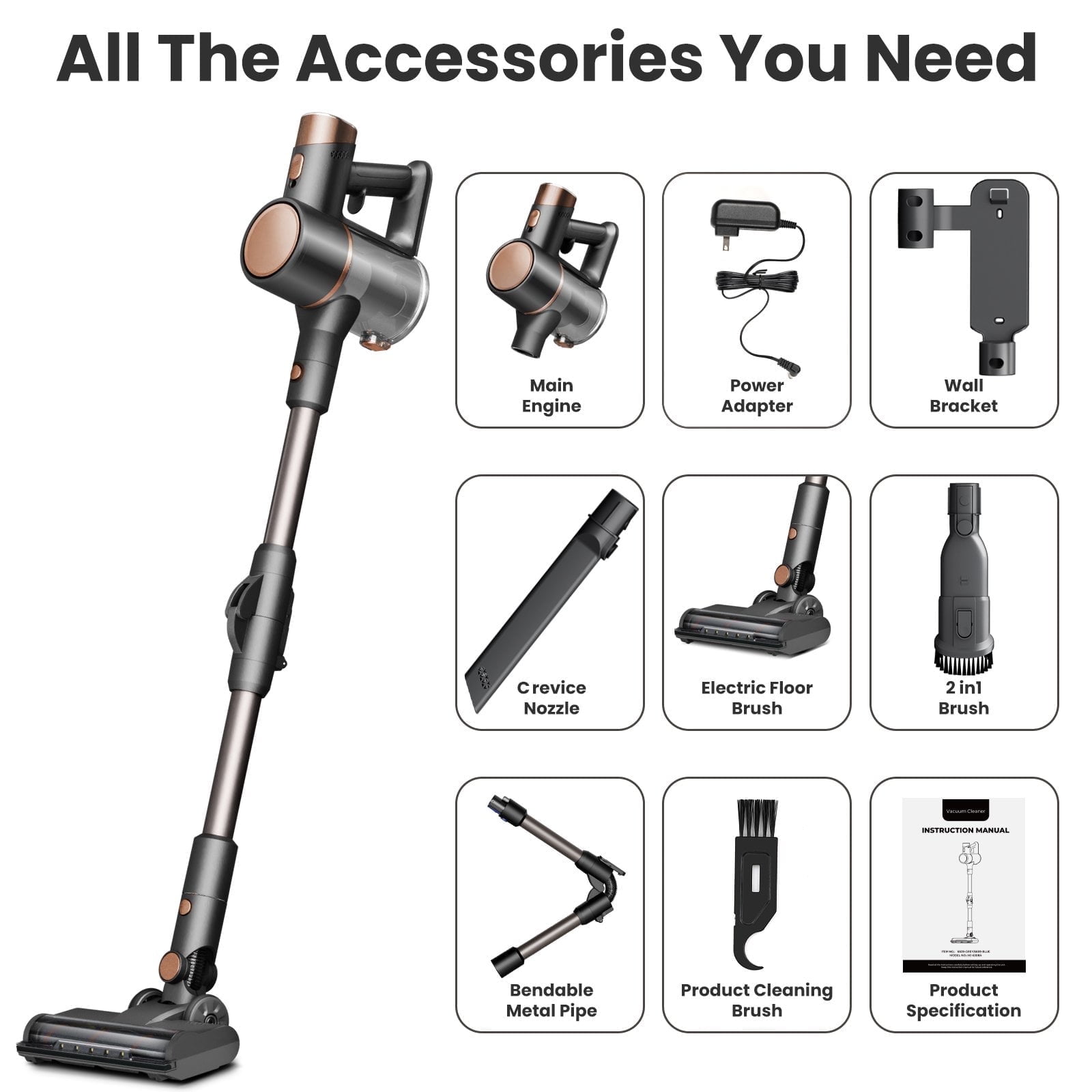 Moifoi Cordless Stick Vacuum Cleaner Lightweight Bendable ,Powerful Suction, Up to 50mins Runtime, Anti-Tangle, Lightweight Wireless Vacuum for Carpet Hard Floor Pet Hair,gray
