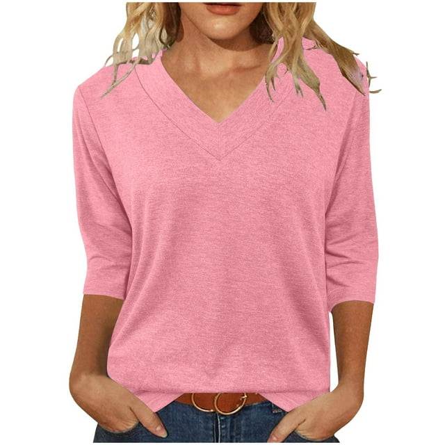 Amzcrzy Hauts pour Femmes Mode Manches 3/4 Hauts d'Été pour Femmes Couleur Unie Col Rond Hauts de Sortie Décontractés Confortables Hauts de Printemps T-Shirts