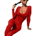 thumbnail image 3 of Mialoley Women's Spring Autumn Long Jumpsuit Solid Color Long Sleeve U Neck Slim Bodysuit, 3 of 9