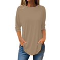 thumbnail image 2 of Brown Young Adult Tops Women's Pure Color Fashionable Casual Round Neck and Three Quarter Sleeve Top Plus Size Tops for Women, 2 of 6
