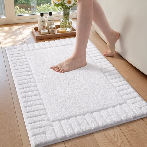 OEAKAY Textured Plush White Microfiber Bathroom Rug Bath Mat, 16" x 24", Non-Slip Soft Absorbent Machine Washable