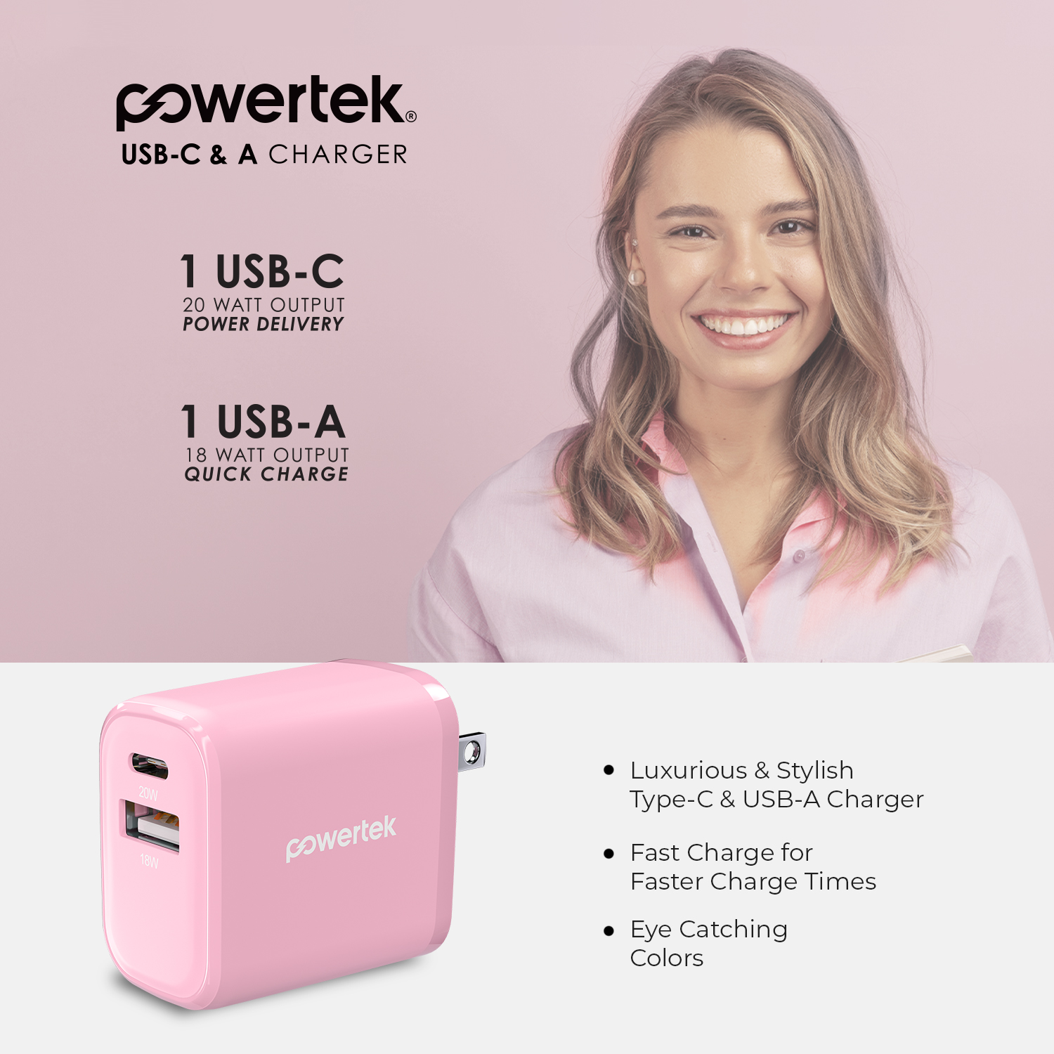 Liquipel Powertek 20W A/C Combo Wall Charger Twizzler - Pink