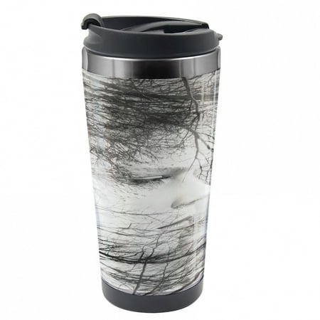 

Black and White Travel Mug Woman and Trees Steel Thermal Cup 16 oz by Ambesonne