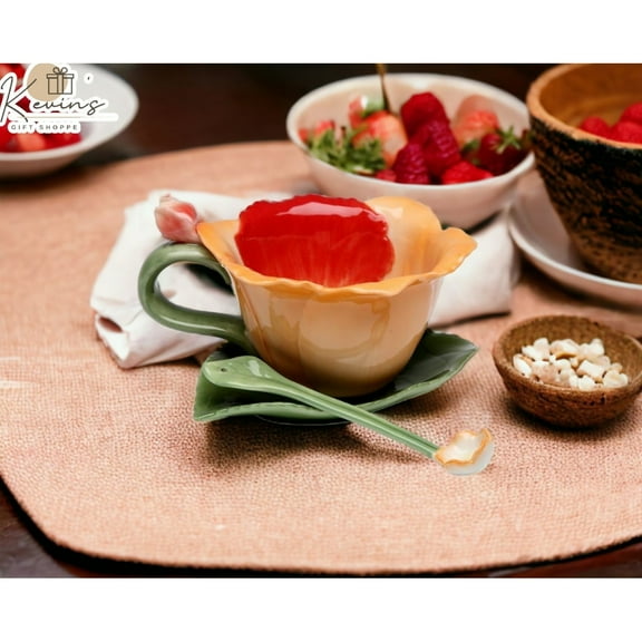 Ceramic Orchid Flower Cup Saucer Spoon Set 4oz Orange Tea Party