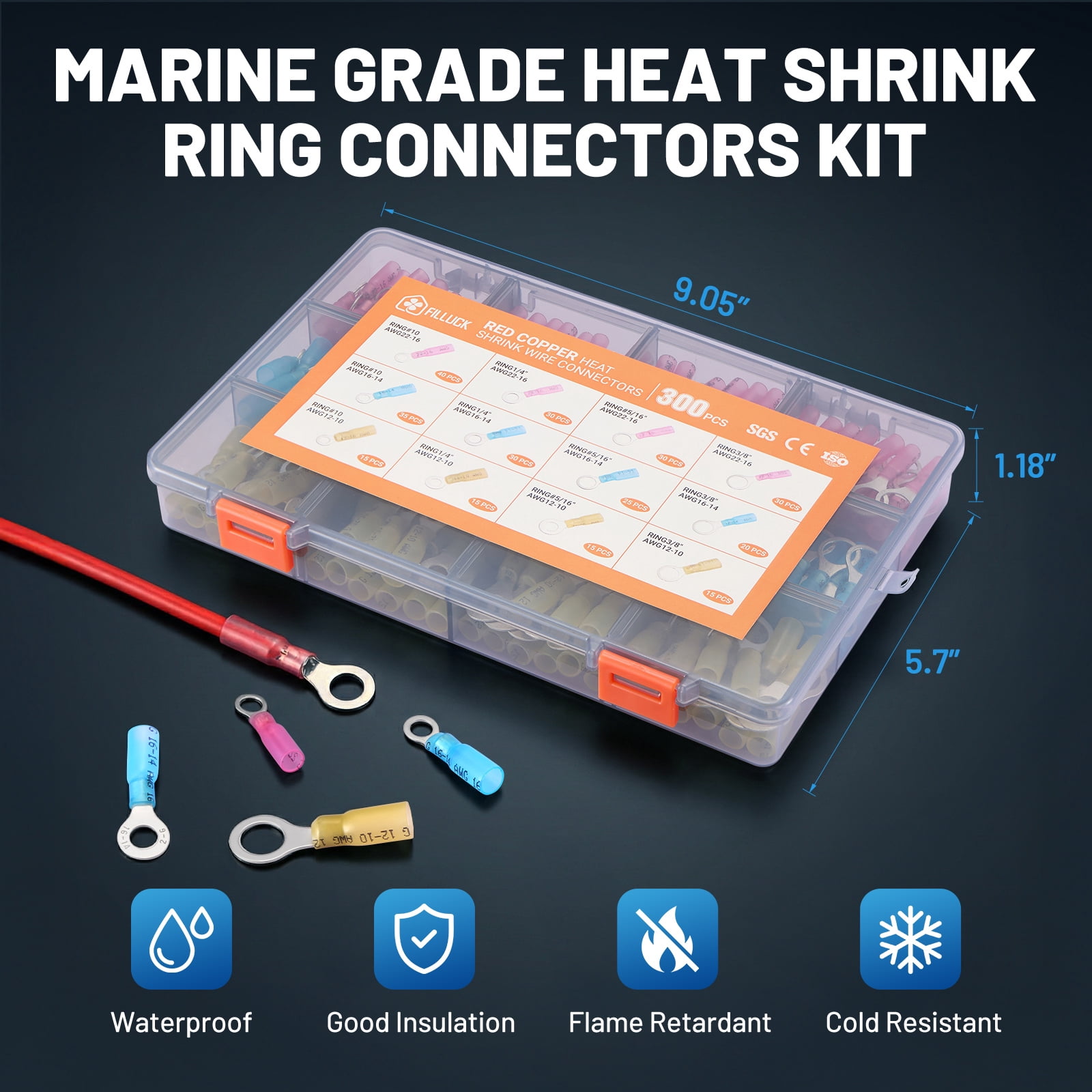 Filluck 300PCS Heat Shrink Ring Terminals, AWG 22-10 Heat Shrink Wire Connectors, Marine Grade Tinned Red Copper, Electrical Waterproof Insulated Ring Terminals Kit for Industrial, Automotive, Boat