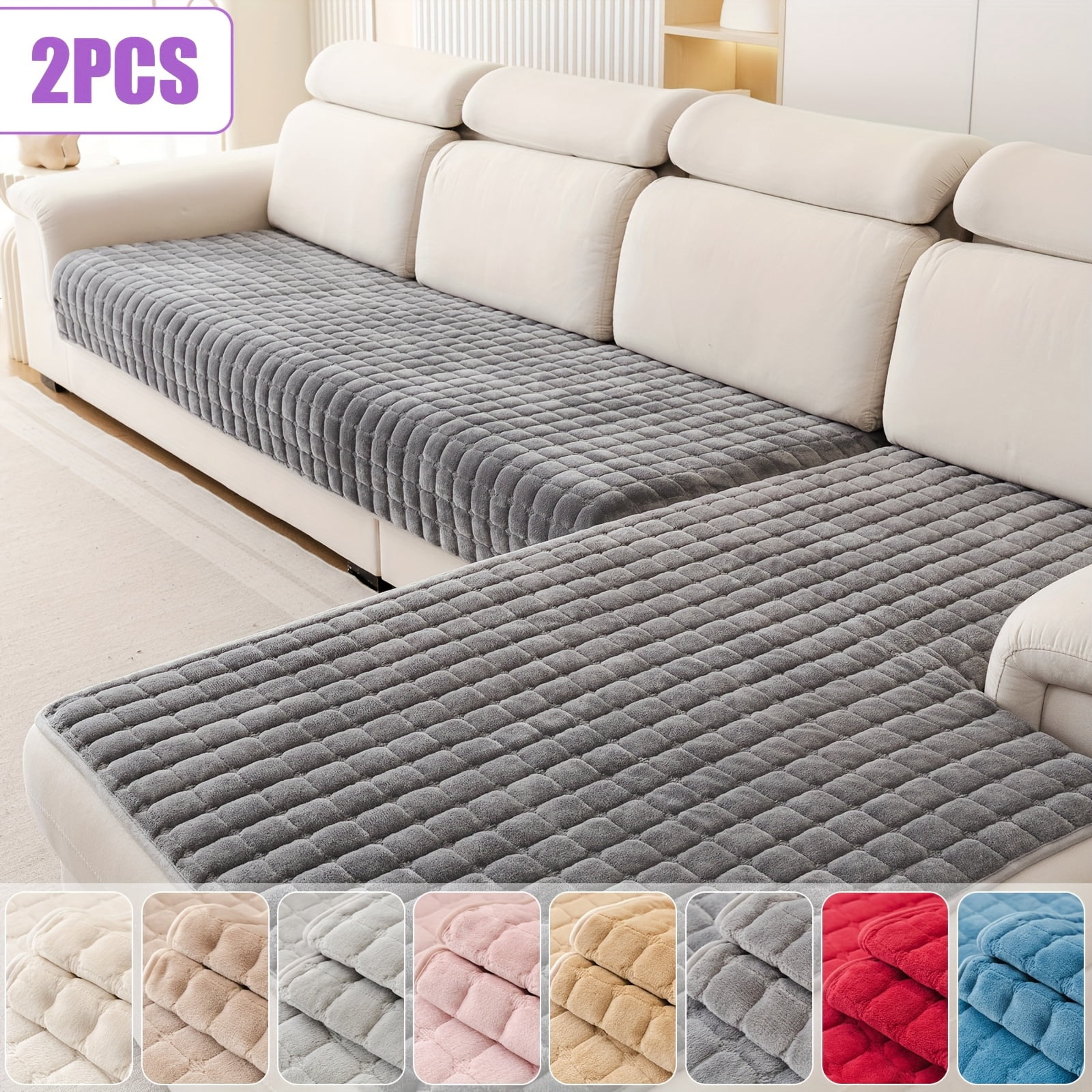 2PCS Quilted Flannel Velvet Sofa Cover, 35"x63"+35"x82" Size, Non Slip Fuzzy Pet Couch Covers for 3 / 4 Cushion Sofa Slipcovers Cushion Protector - Khaki