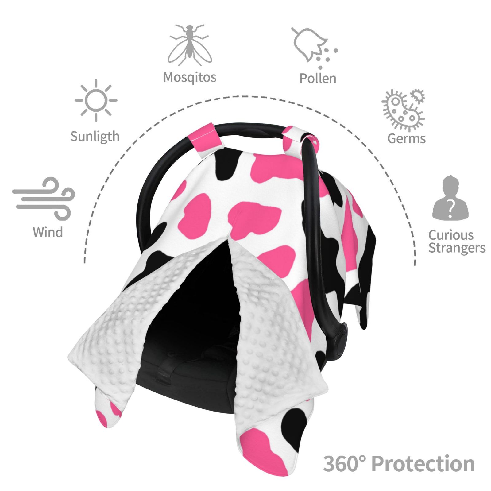 Car Seat Cover Baby - cute black pink cow print Breathable Infant Car Seat Cover for Baby Carseat, Lightweight Comfort Baby Essentials Must Haves Newborn Stuff for Girl Boy