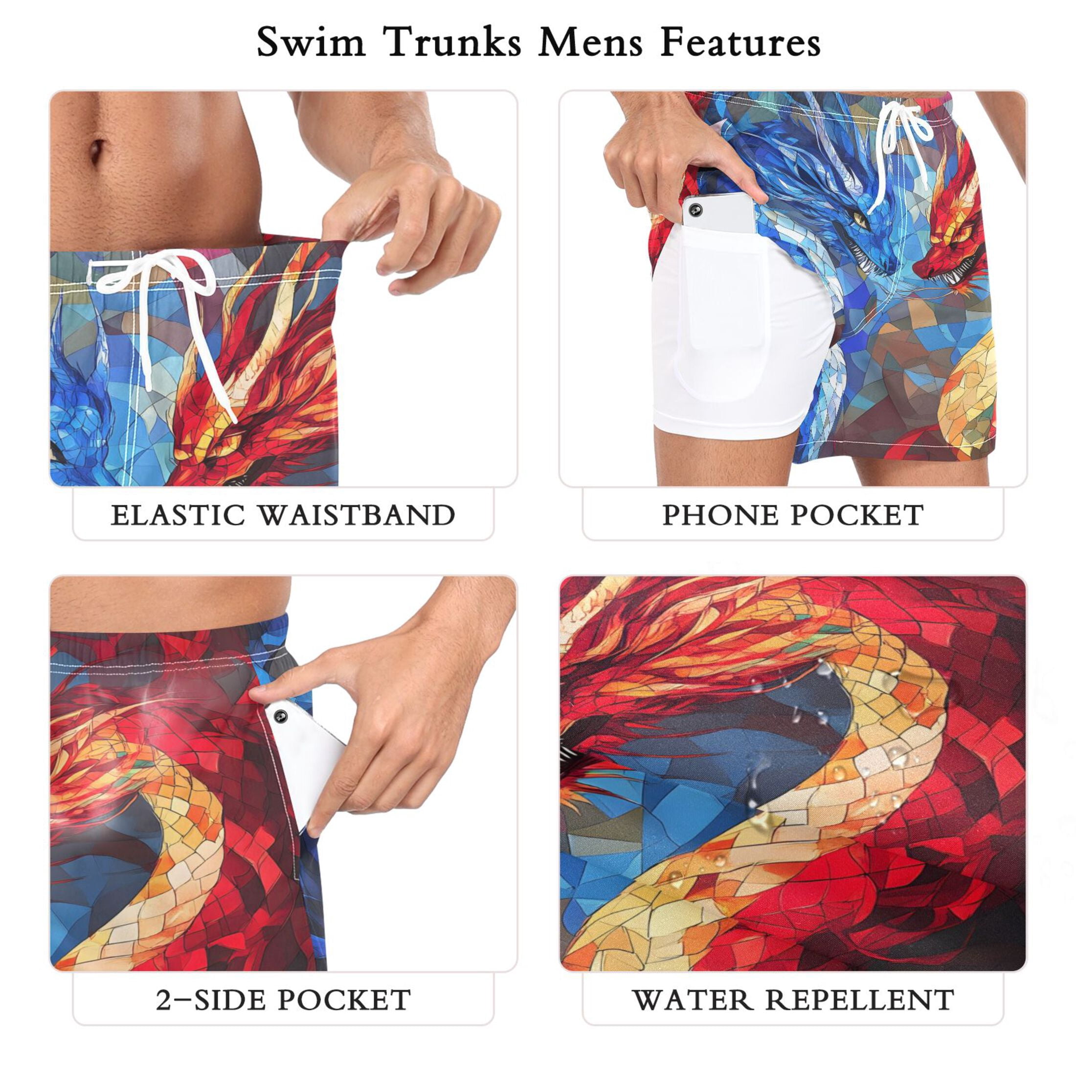 joogoo Men's Cool Art Dragons Swim Trunks with Liner Pocket Beach Shorts X-Large