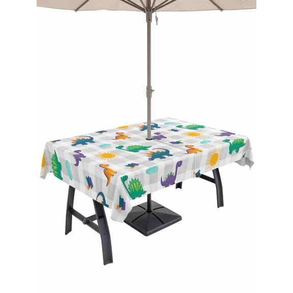 Outdoor Tablecloth with Umbrella Hole for Patio/Picnic/Party/Camping, Cartoon Dinosaur Waterproof Table Cloth Rectangle Table Cover Washable, Watercolor Funny Cute Dino Sun Grey Plaid (60"x 120")