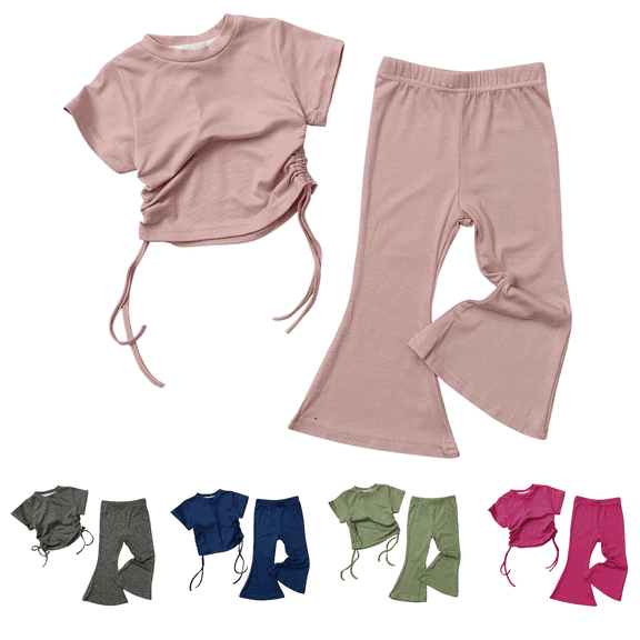 Lovzfmll 2-Piece Girl's Pocket Pants Set, Short Sleeve Drawstring Top & Pants, Casual Outfits for Toddler 2-3 Years