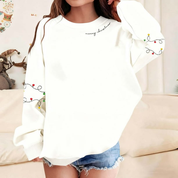 Blusas y camisas de manga larga con cuello redondo para niños Estampados navideños de manga larga Casual Suelto Forro polar para mayor calidez Sudadera con capucha de manga larga con cuello redondo pa
