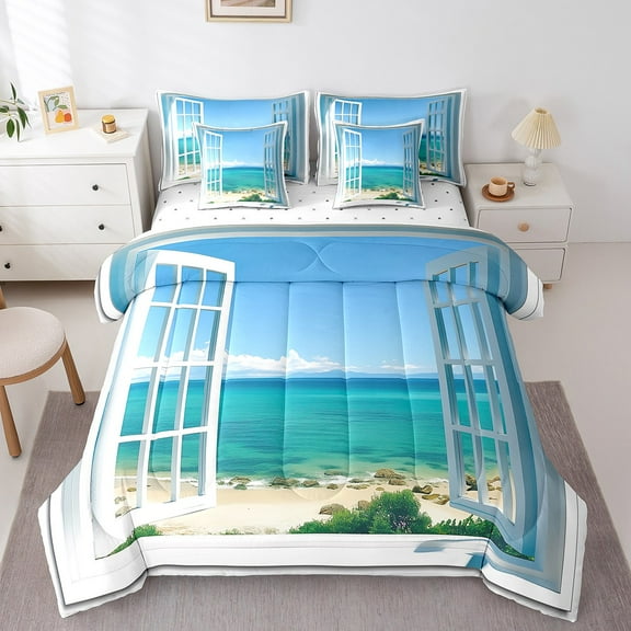 Erosebridal Ocean Beach Bedding Sets Twin Size,Summer Holiday Comforter Sets with Sheets,Hawaiian Room Decorative,Reversible,Breathable,7pcs