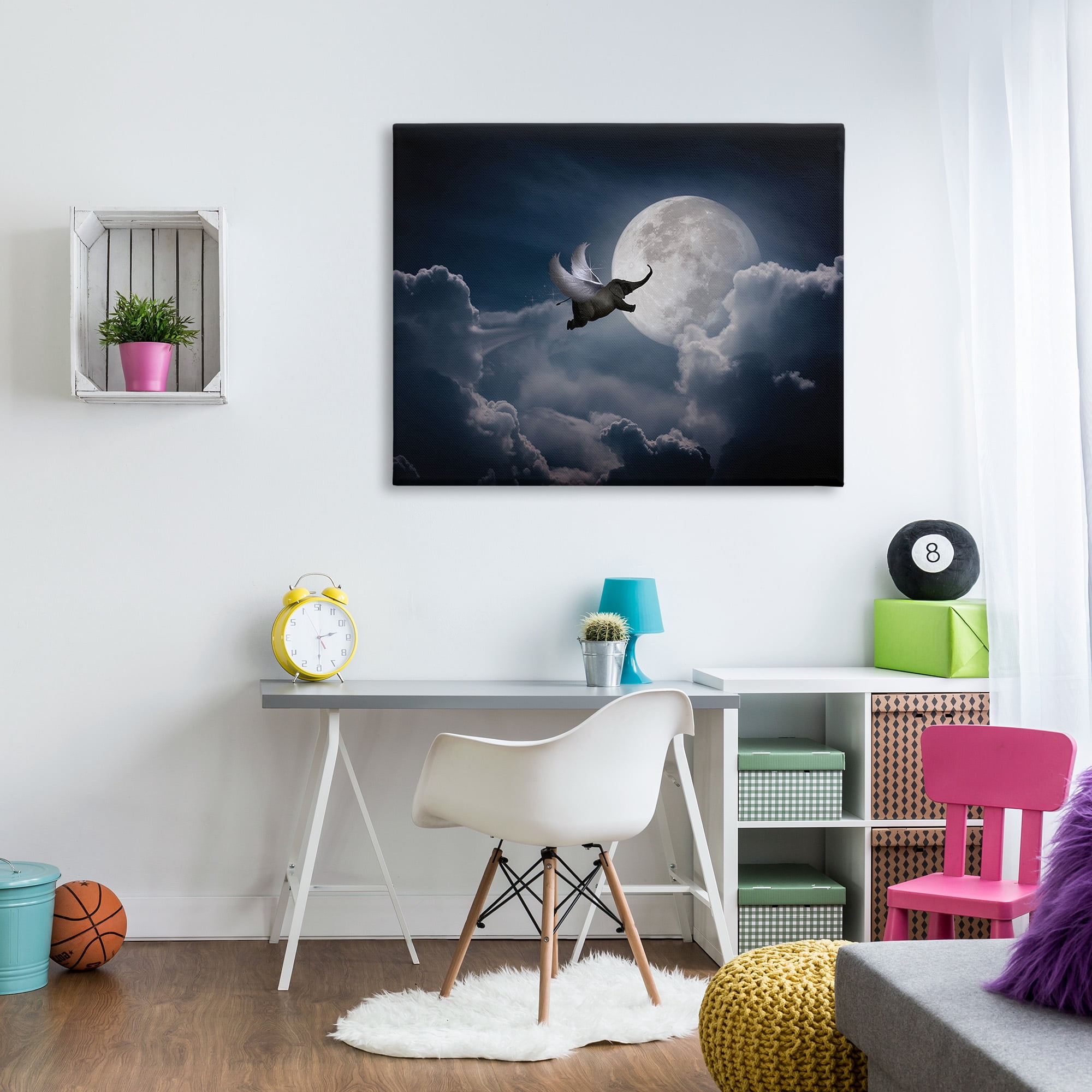 Stupell Industries Flying Elephant & Moon Animals & Insects Painting Gallery Wrapped Canvas Art Print Wall Art, 48 x 36