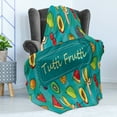 thumbnail image 4 of Fruit Soft Flannel Fleece Throw Blanket, Tutti Frutti Lettering on Doodle Summer Natural Foods Backdrop, Cozy Plush for Indoor and Outdoor Use, 50" x 70", Teal and Multicolor, by Ambesonne, 4 of 5
