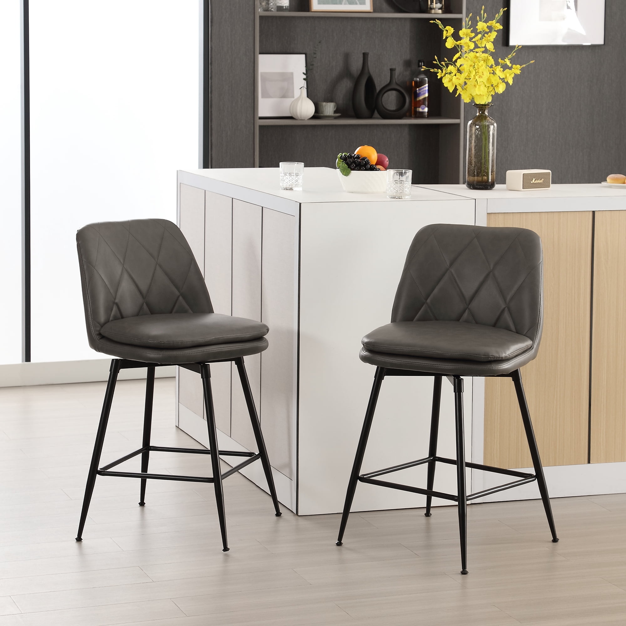 TEWLOSS 24" Counter Height Bar Stools Set of 2 Swivel Barstools Faux Leather Kitchen Chairs, Gray