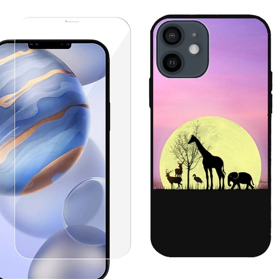 Slim-Fit Protective Phone Case (Black) compatible with iPhone 12 / iPhone 12 Pro, with Tempered Glass Screen Protector, by OneToughShield ® - Moonlight Safari