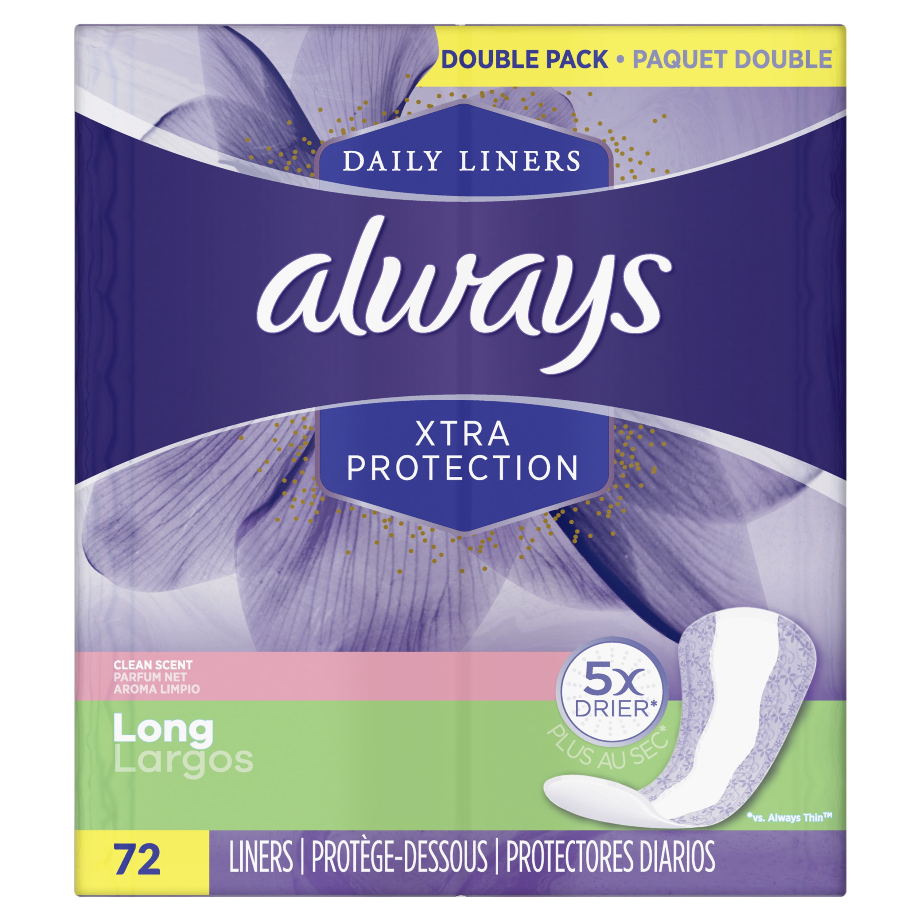 Always Xtra Protection Daily Liners Long Clean Scent, 72 Count
