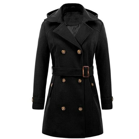 Oksale Womens Hooded Trench Coat Double Breasted Woolen Pea Coat Belted Lapel Overcoat with Pockets Fall Fashion Slim Fit Midi Jackets Black S