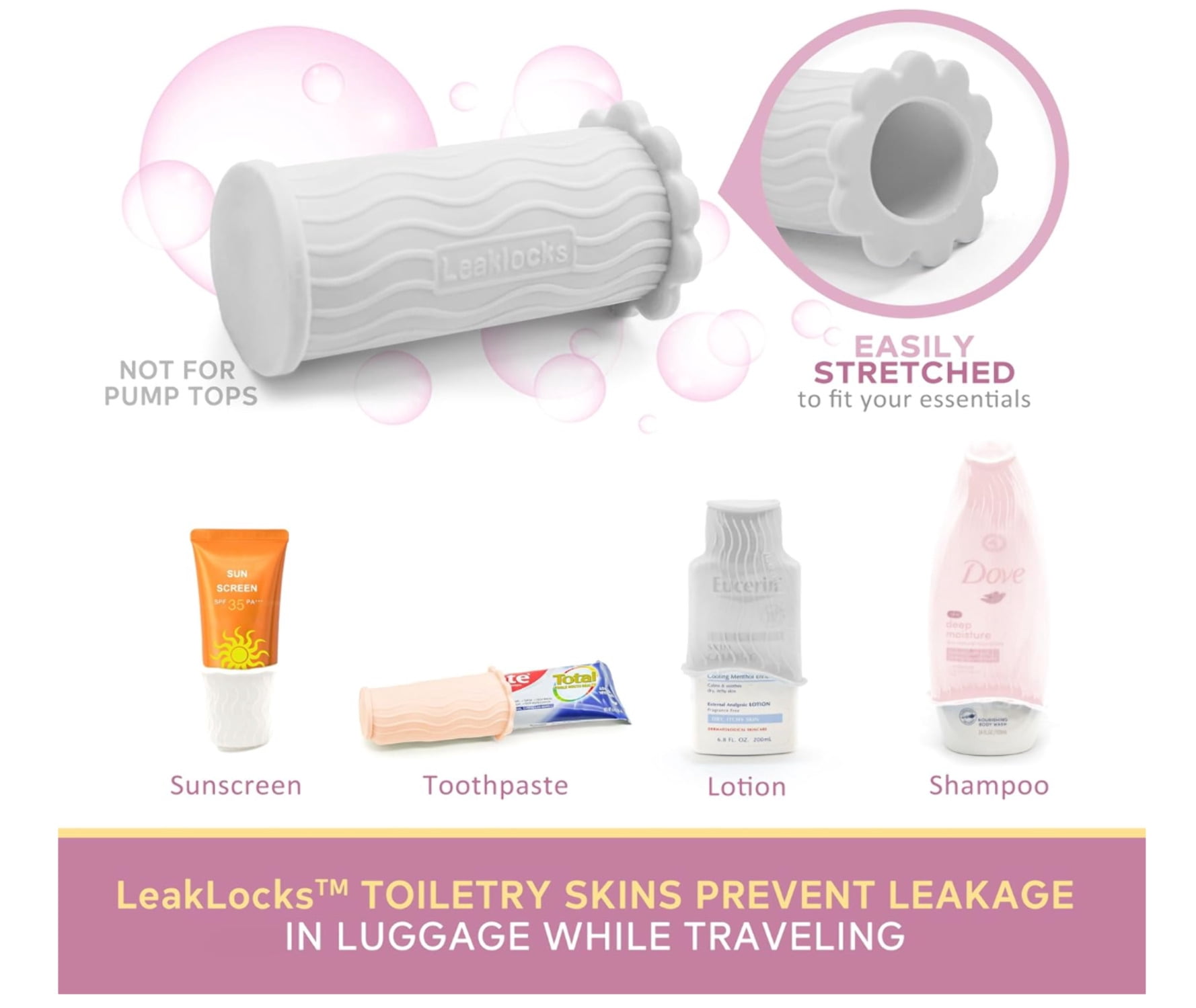 LeakLocks® Toiletry Skins™ Elastic Sleeve for Leak Proofing Travel Container (8 Pack Neutral). Standard/Travel Sized Toiletries. Reusable Accessory for Travel Bag Suitcase and Carry-on Luggage