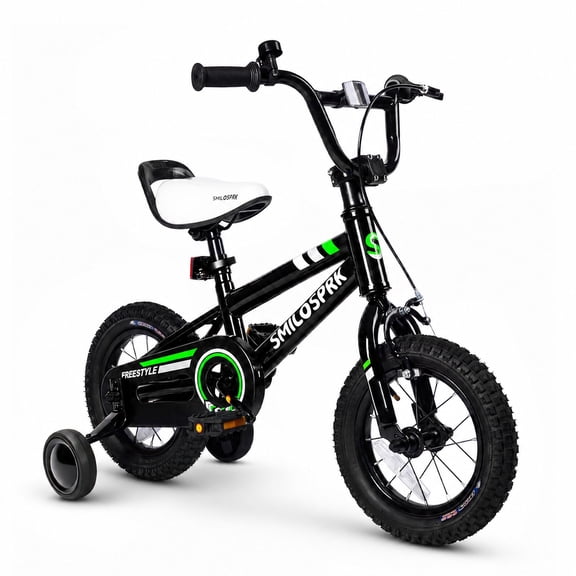 SmiloSprk 12 Inch Kids Bike BMX Style, Training Wheels, Coaster Brake & Full Chain Guard, Adjustable Seat, Gift for Boys & Girls 2-7 Year Old, Black