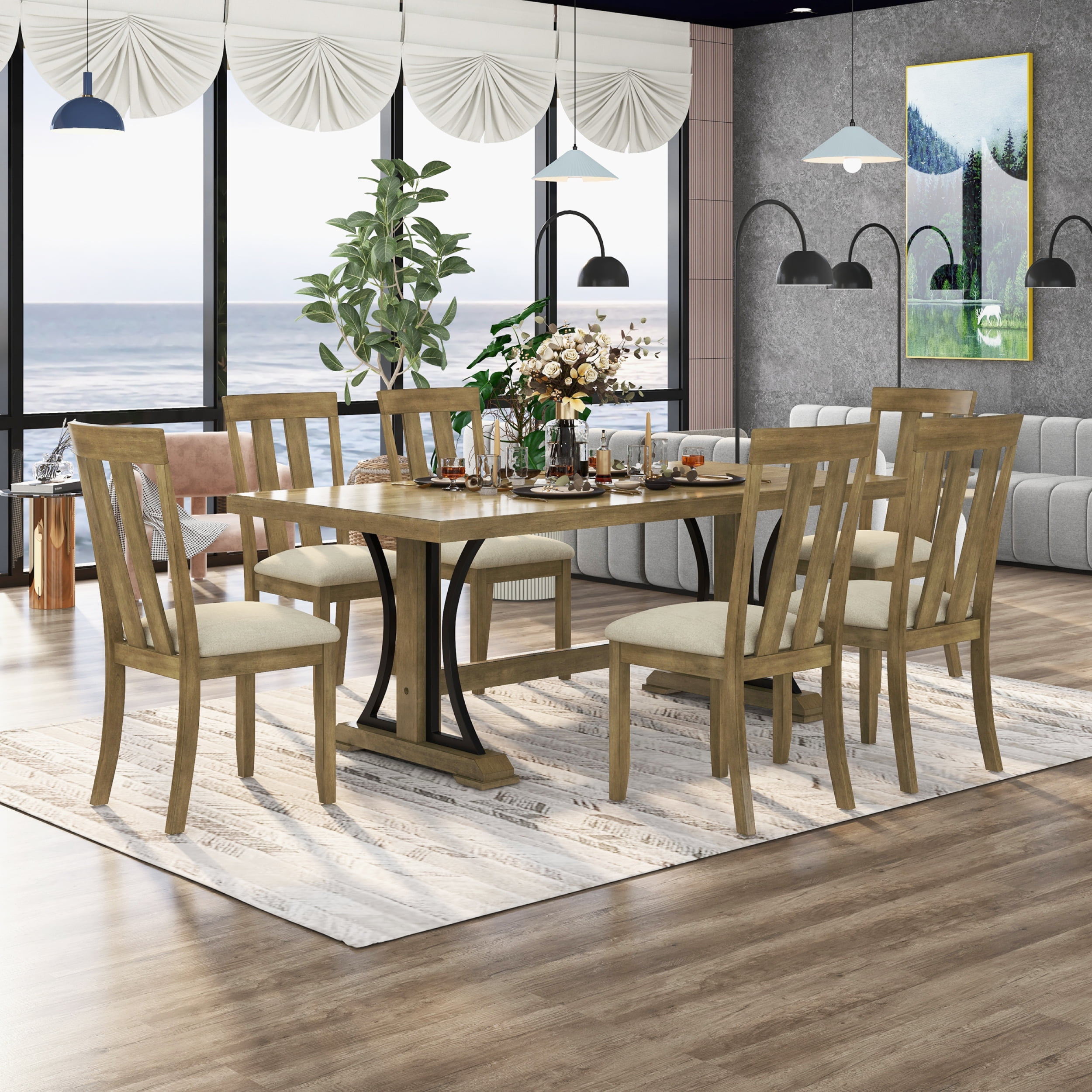 7Piece Retro Style Dining Table Set 78" Wood Rectangular Table and 6 Dining Chairs for Dining