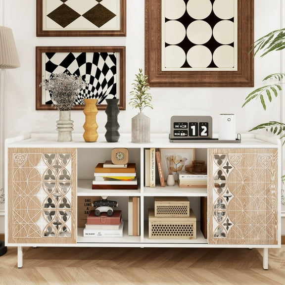 MDQMD Farmhouse Sideboard with 2 Sliding Doors for Living Room,Carved Console Cabinet with Shelves,White Buffet Cabinet for Dining Room