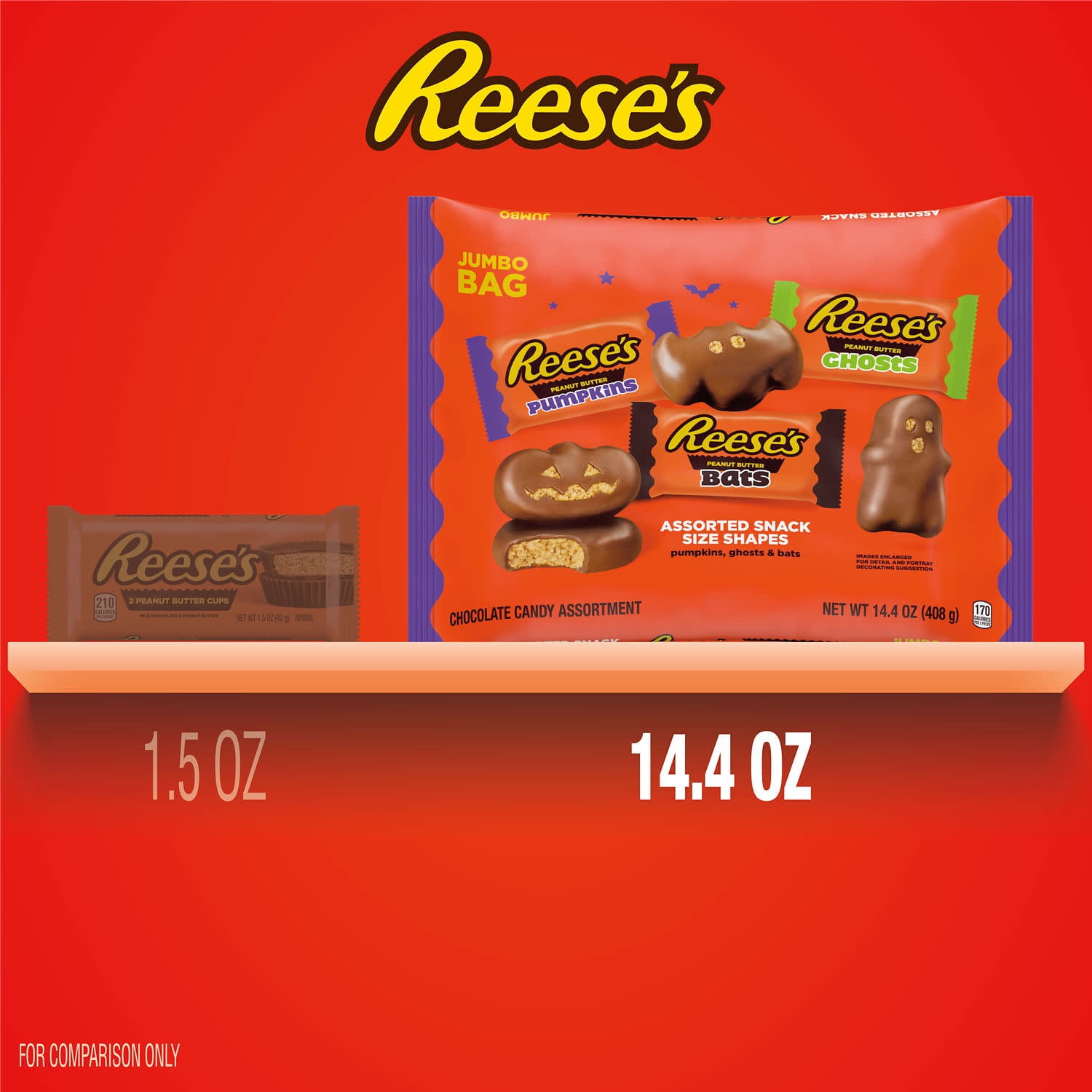 (2 pack) REESE'S Assorted Milk Chocolate Snack Size Peanut Butter Shapes, Halloween Candy Jumbo Bag, 14.4 oz