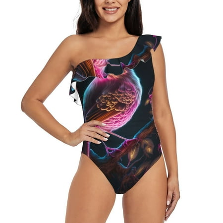 Tebeau Glowing Leaf Bird Print Women s One Piece Swimsuits One Shoulder Swimwear Asymmetric Ruffle Monokinis Bathing Suits-X-Large
