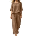 thumbnail image 2 of Cagogo Women's 2 Piece Set Casual Summer Vacation Outfits Loose Round Neck Short Sleeve Tops Wide Leg Pants Matching Lounge Sets Tracksuits Travel Airport Clothes Boho, Khaki S, 2 of 6