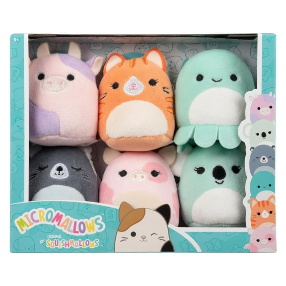Micromallows 6-Pack – Patty Cow, Gigi Tabby Cat, Zobey Octopus, River Beaver, Peety Pig, Coco Koala
